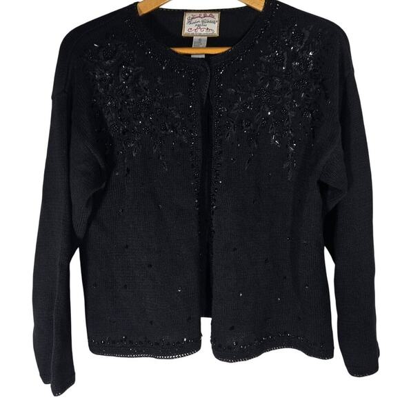 VTG Hierloom Collectibles Petites Black Beaded Knit Cardigan Large Crochet Y2K - Picture 1 of 9